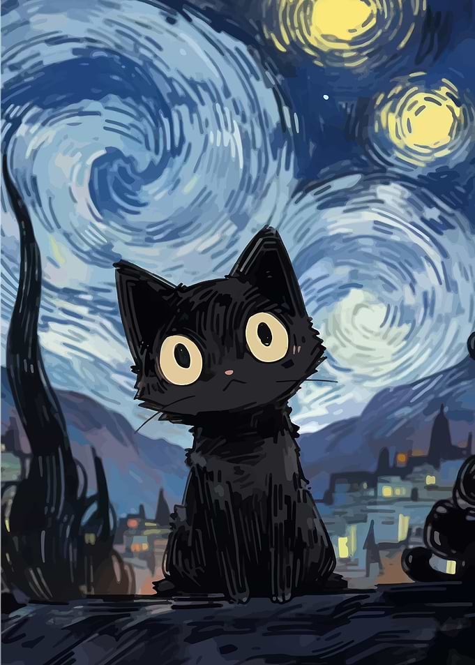 Black Cat Starry Night Art