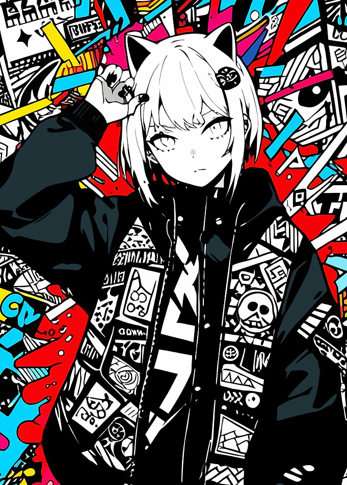 Anime Girl with Cat Ears and Graffiti