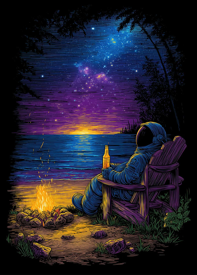 Astronaut Relaxing by Campfire on Beach