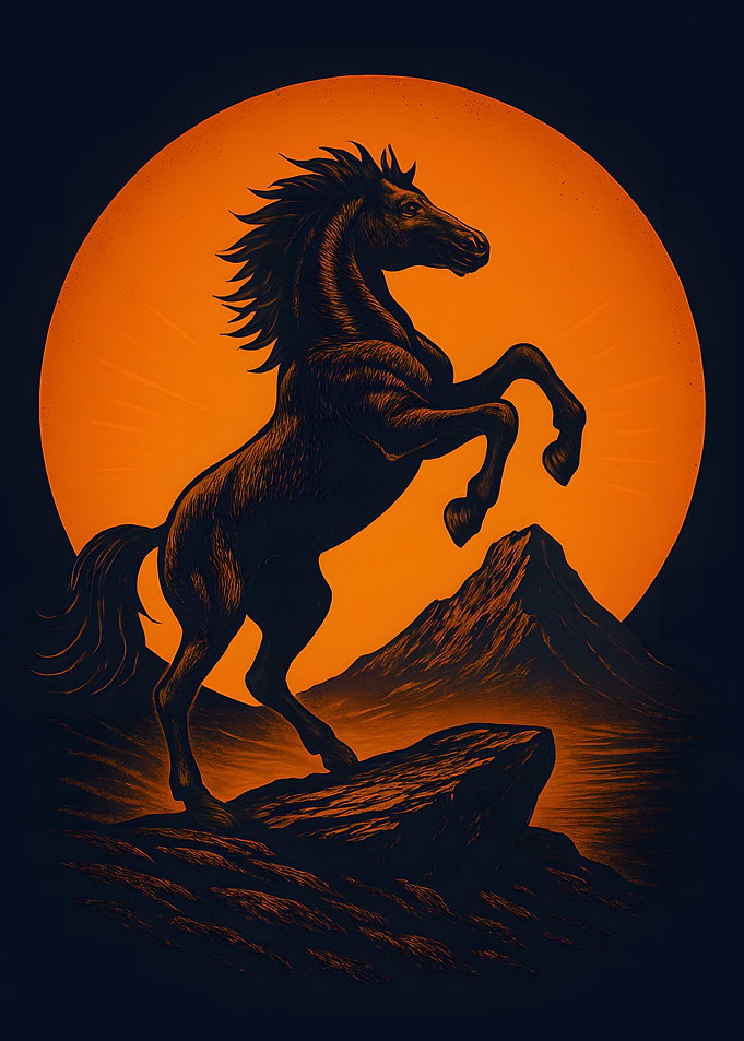 Rearing Horse Silhouette Against Orange Sun