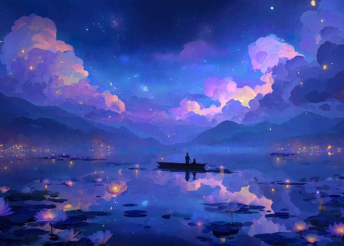 Night Lake with Boat and Lilies