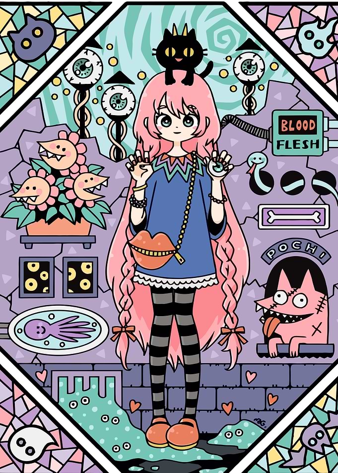 Cute Creepy Girl with Black Cat