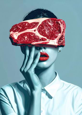 Surreal Portrait with Raw Beef Steak over Woman's Eyes