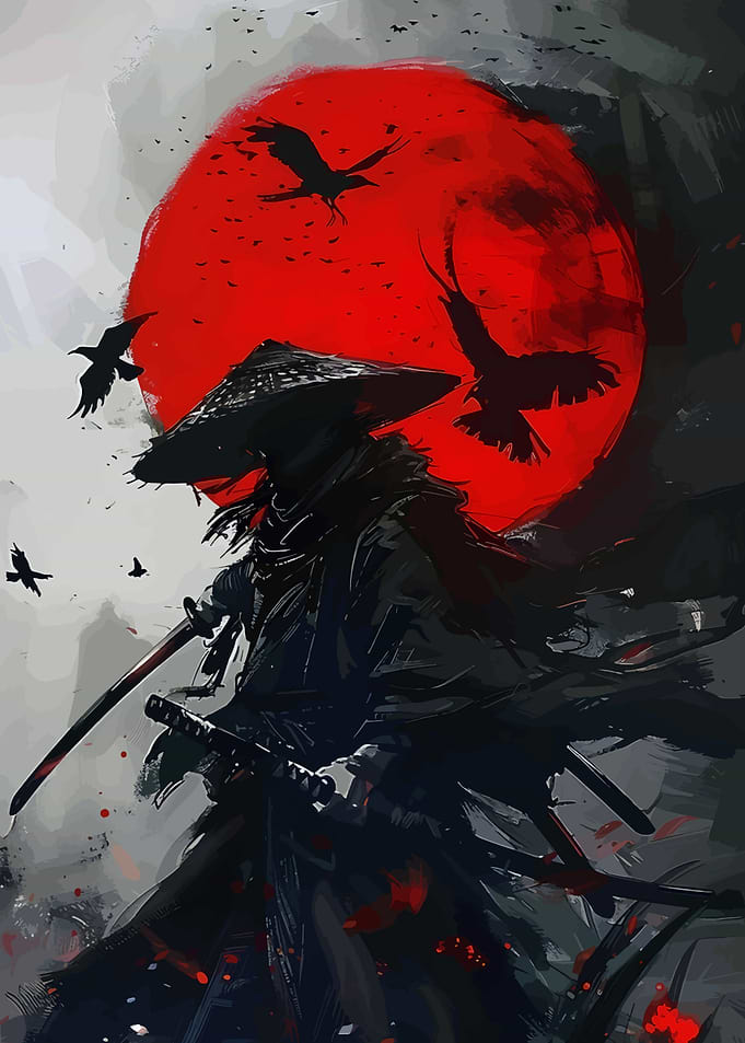 Japanese Samurai Red Moon and Ravens
