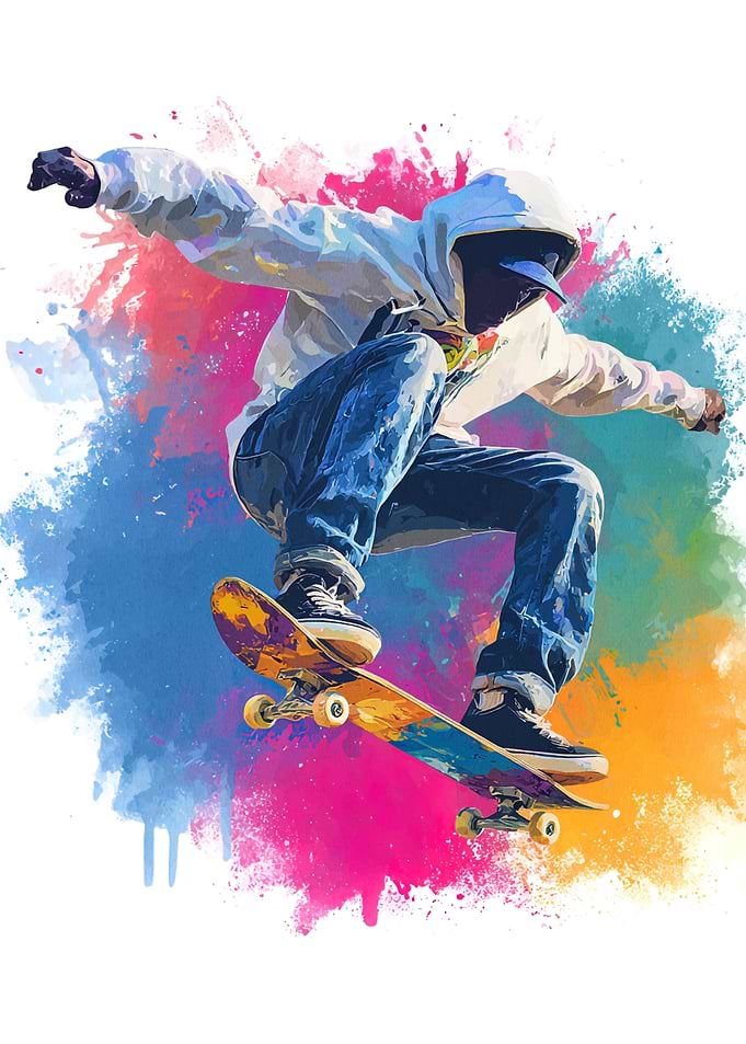 Skateboarder in Action with Colorful Splashes