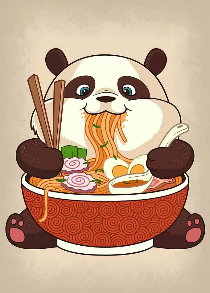 Panda eating ramen cartoon illustration