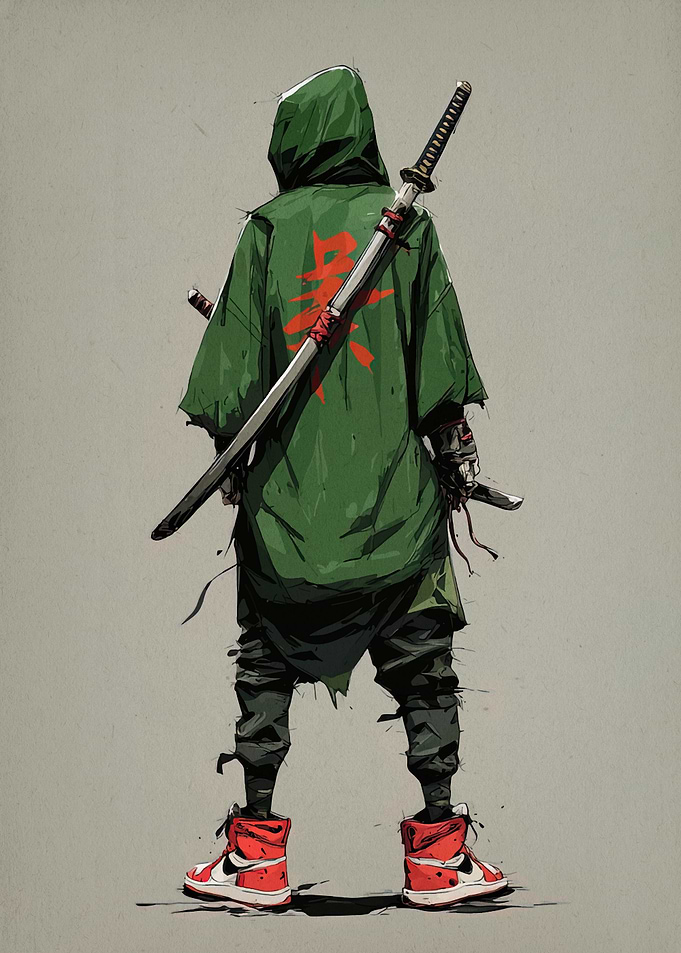 Hooded Ninja with Katana and Sneakers