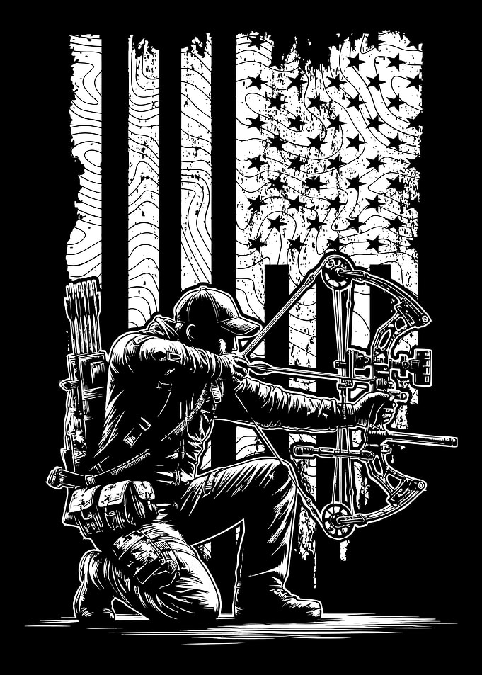 Bow Hunting - Compound Bow Hunter Archery with American Flag Background