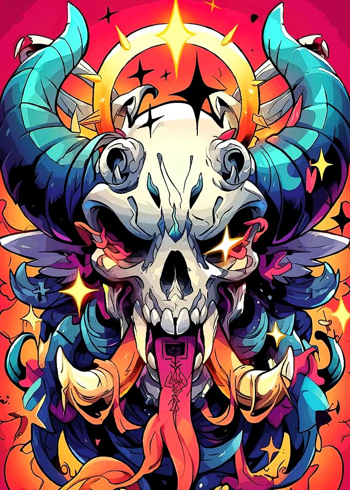 Stylized Skull with Horns and Stars