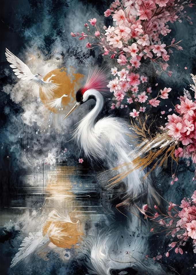 Crane and Cherry Blossoms Art