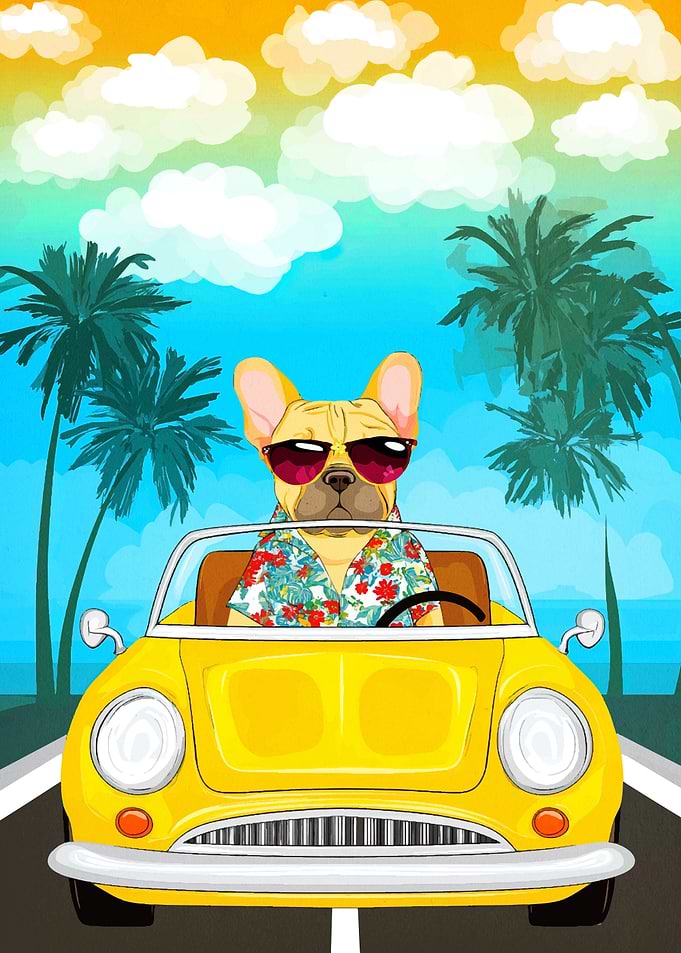 Dog driving yellow car on vacation