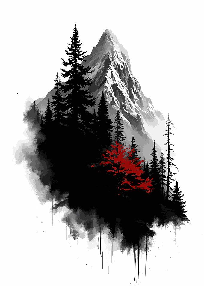 Mountain and Forest Ink Illustration