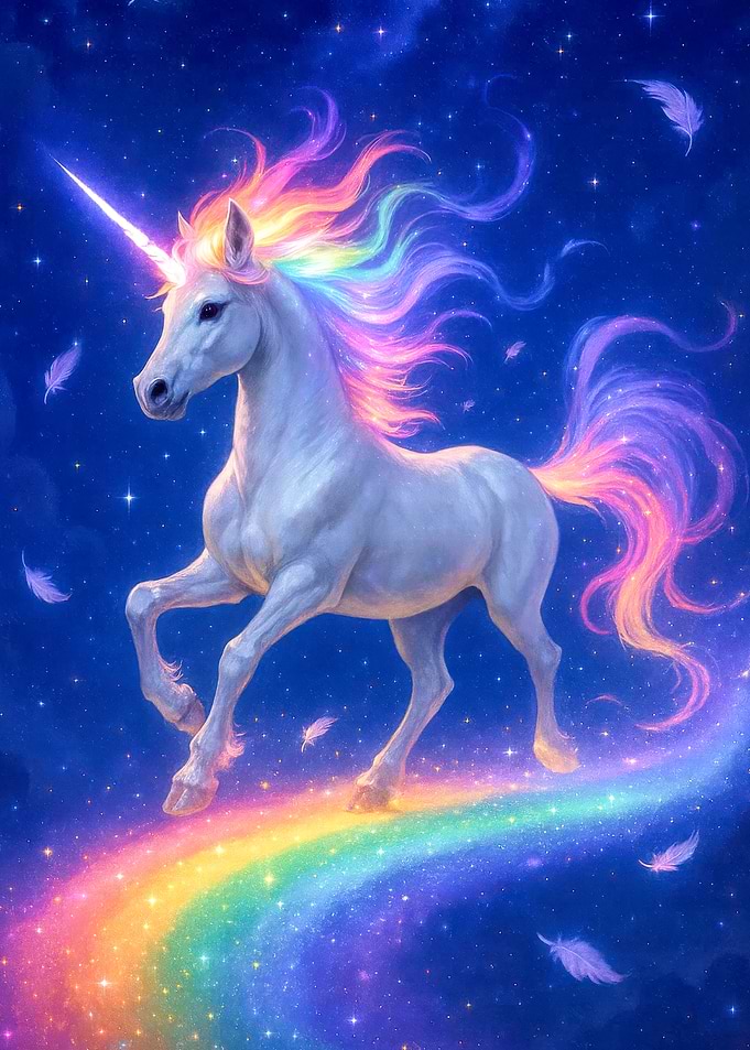 Rainbow Unicorn in Starry Sky