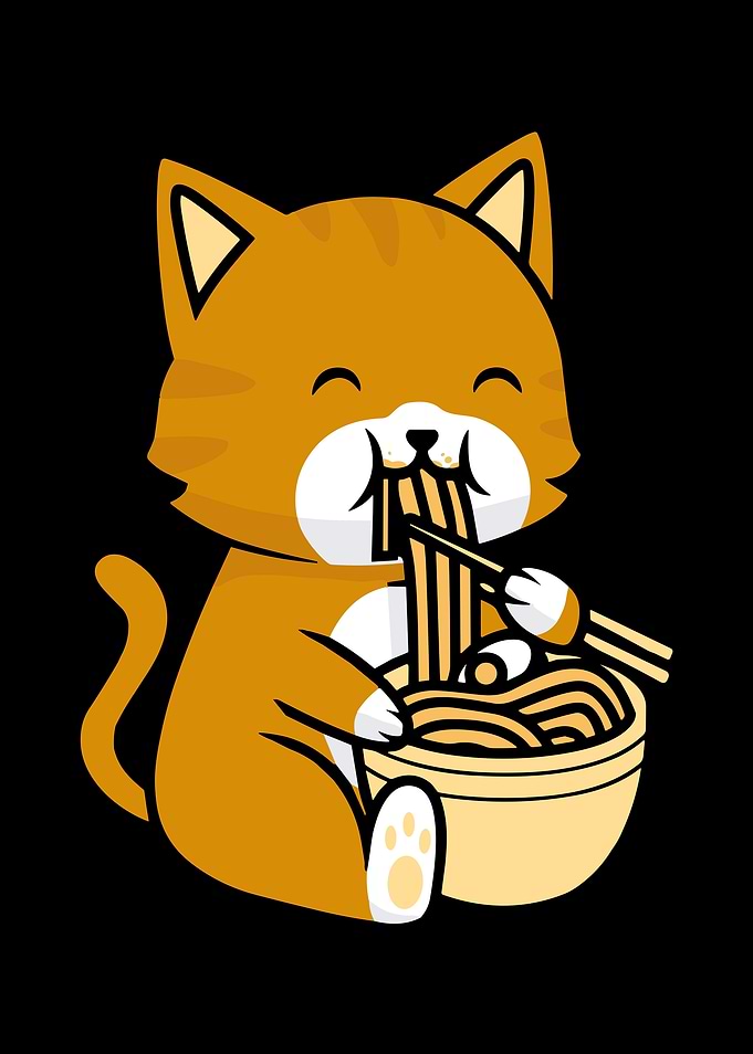 Cartoon Cat Eating Ramen Noodles