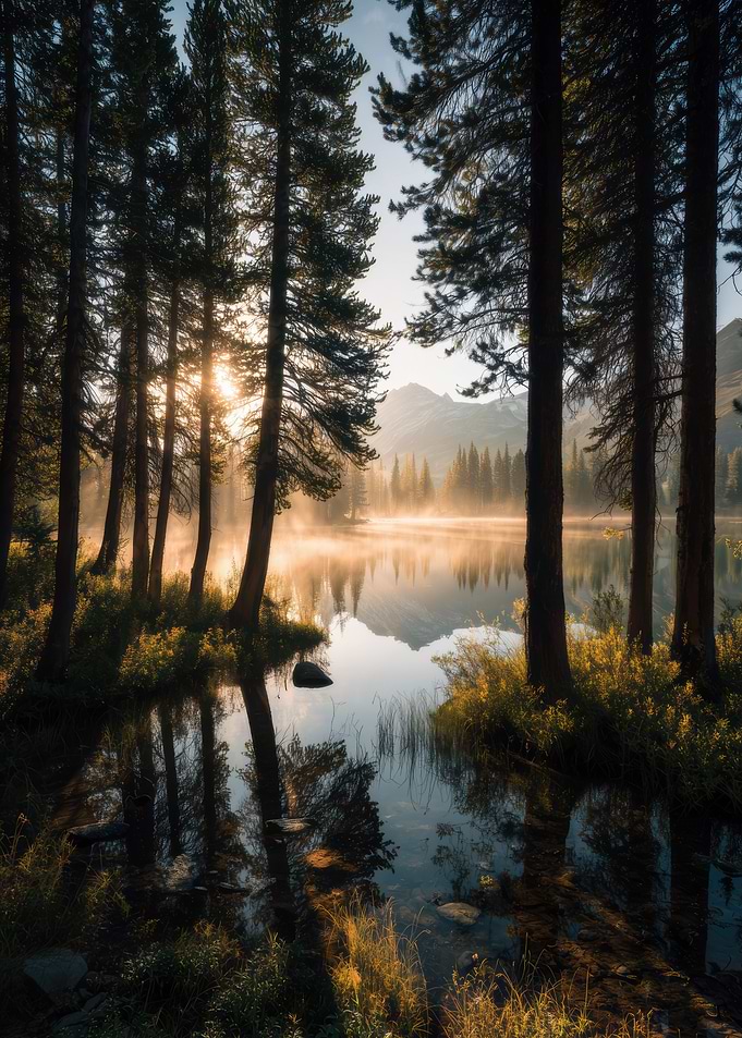 Sunrise Misty Forest Lake