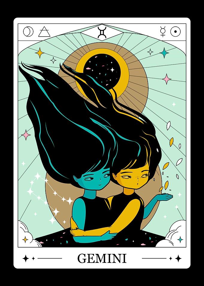 Gemini Zodiac sign. Tarot Card Art Poster
