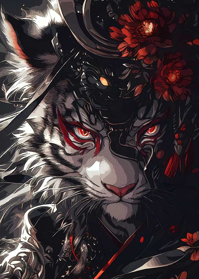 Samurai Tiger Red Flowers