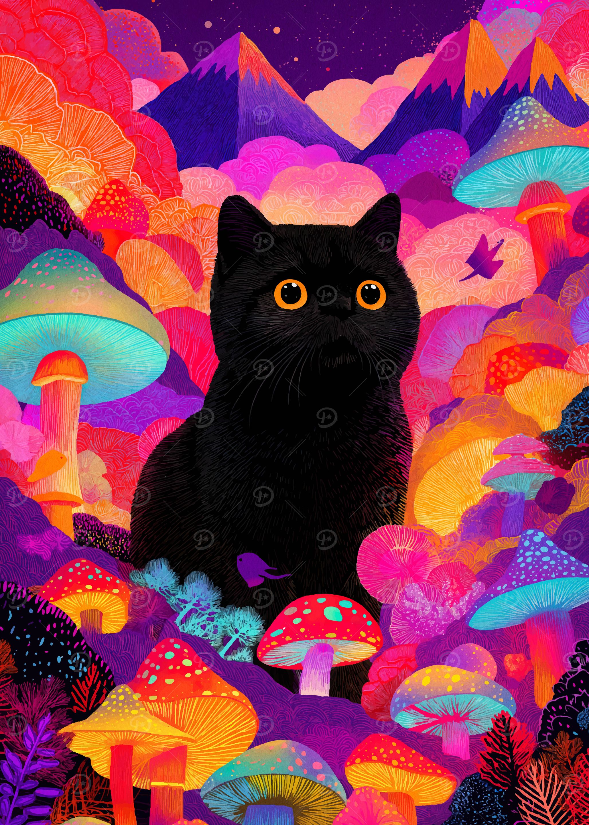 Black Cat in Psychedelic Mushroom Forest
