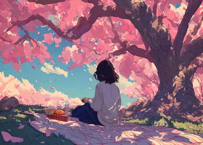 Girl under Cherry Blossom Tree