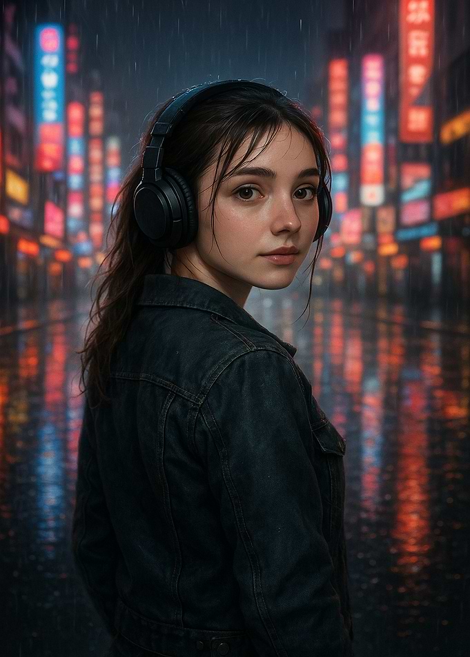 Girl Listening To Music In A Neon Night City