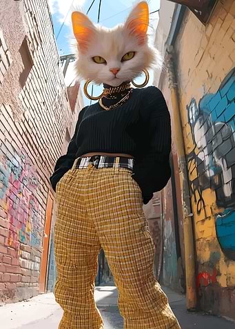 Cat-headed figure in urban setting