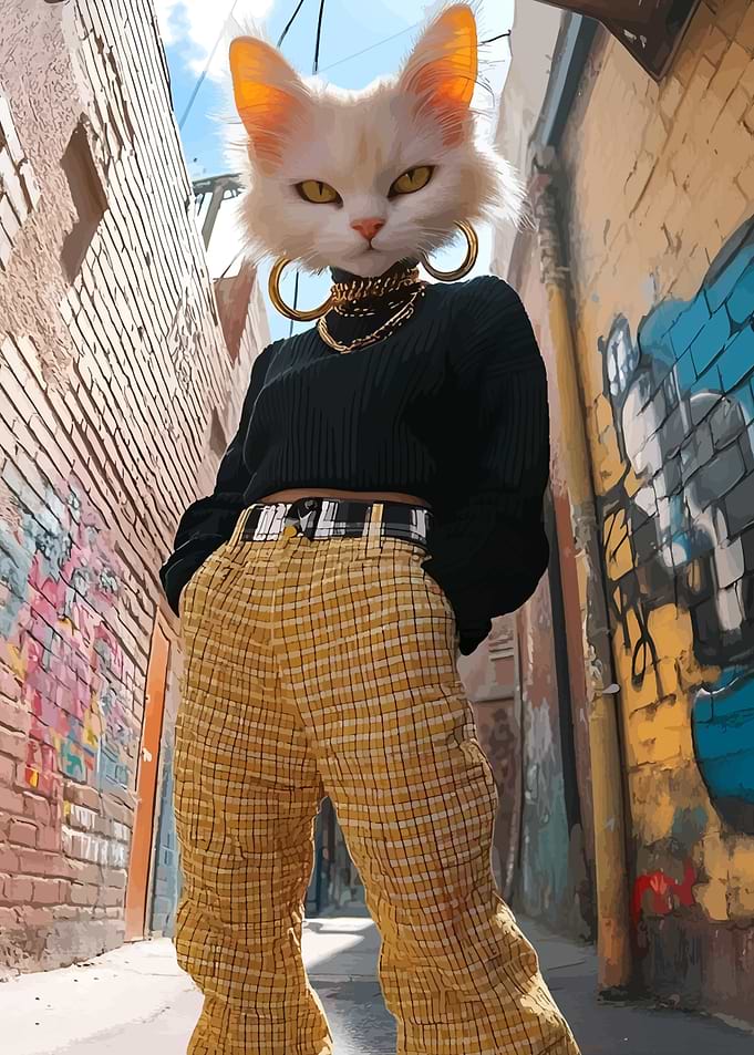 Cat-headed figure in urban setting