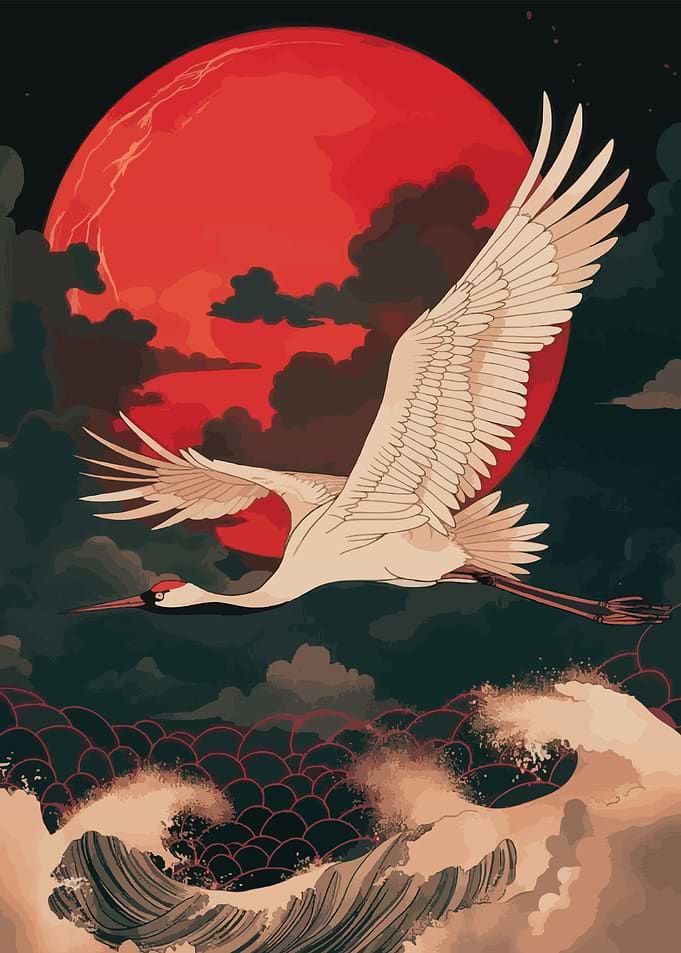 Crane Flying Over Waves, Red Moon