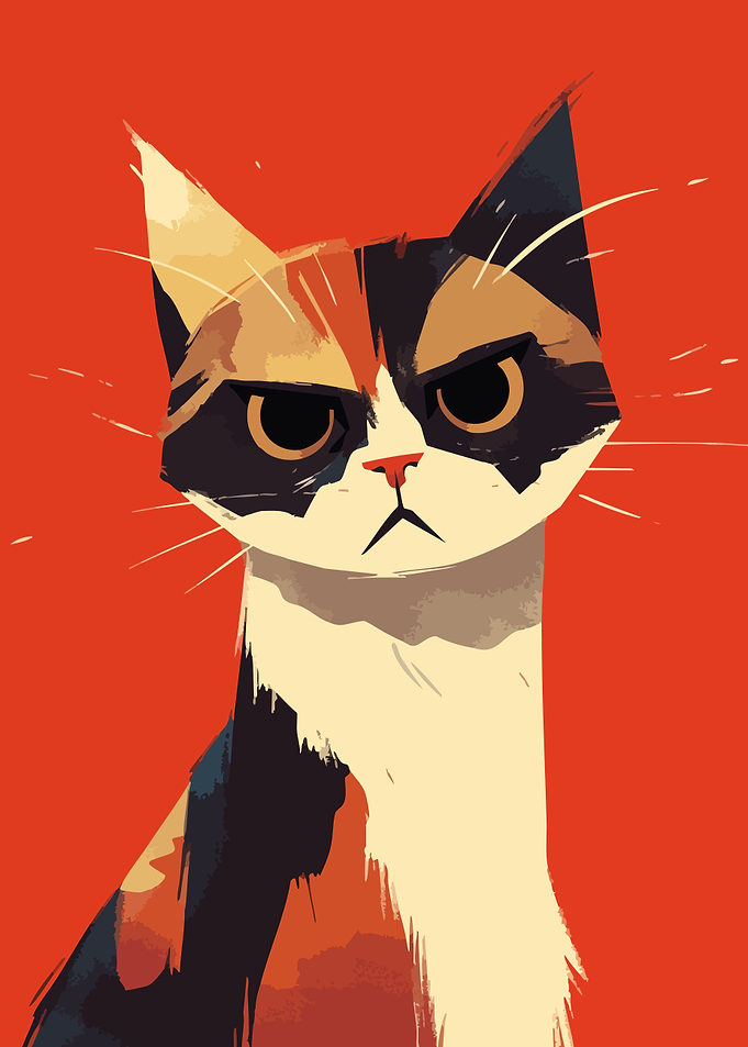 Cute Grumpy Calico Cat Portrait Minimalist Art Illustration