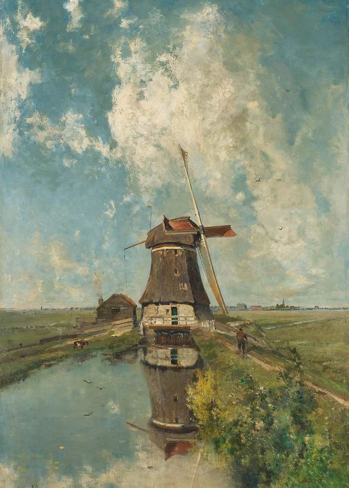 Dutch Windmill Landscape Painting