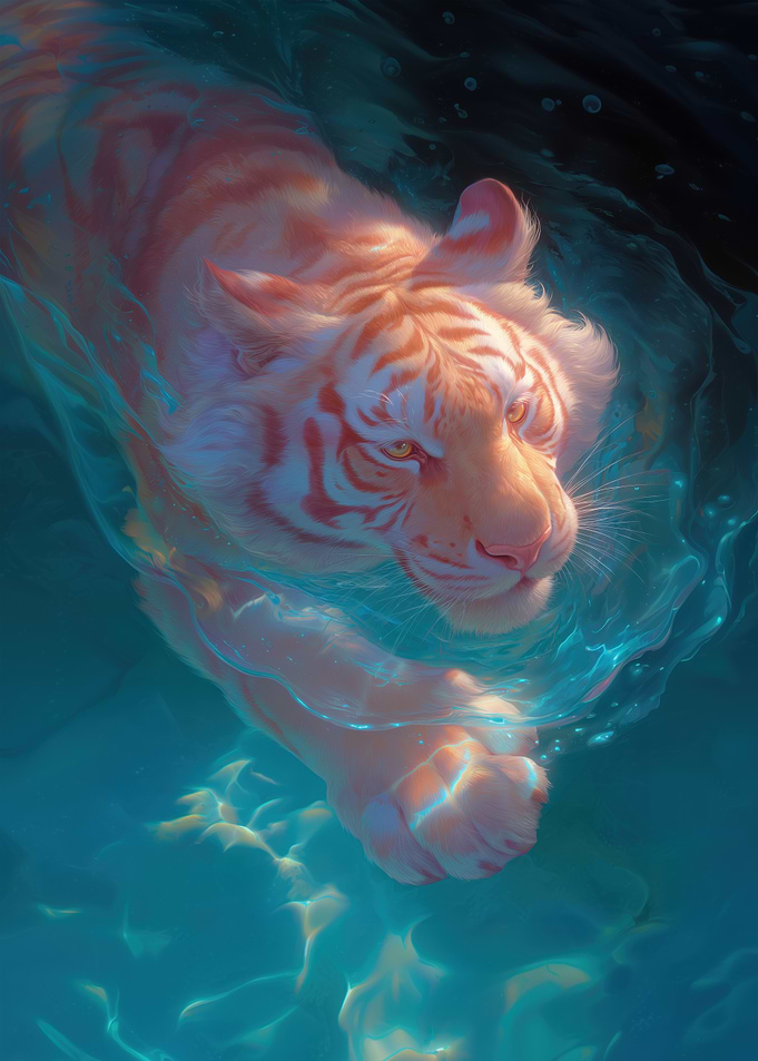 Albino Tiger Swimming Underwater