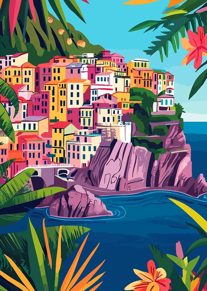 Colorful Italy Coastal Village Abstract Illustration Minimalist Art