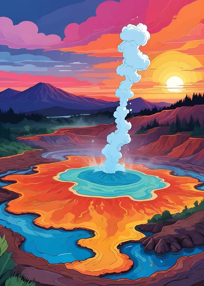 Rotorua Geothermal Area Cartoon Illustration
