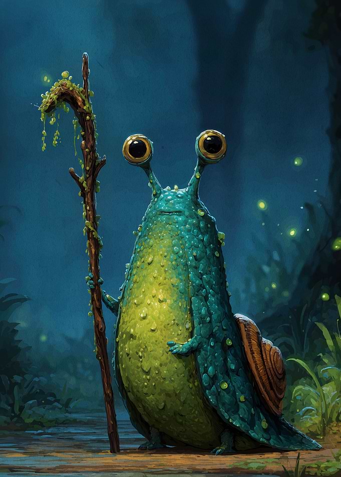 Anthropomorphic Snail with Staff in Forest