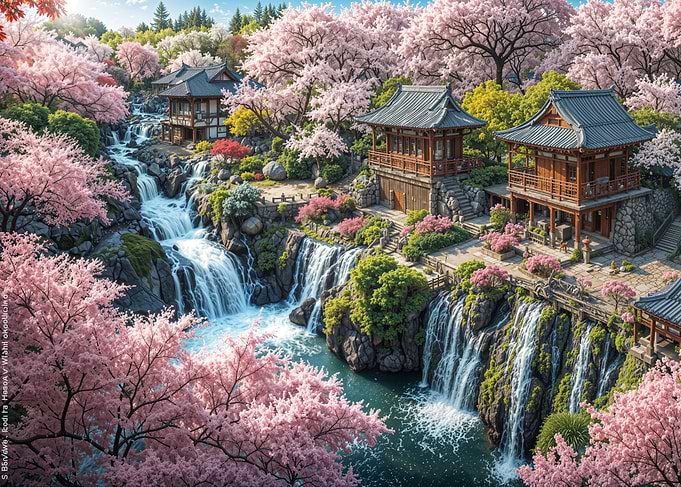 Japanese Garden with Cherry Blossoms and Waterfall