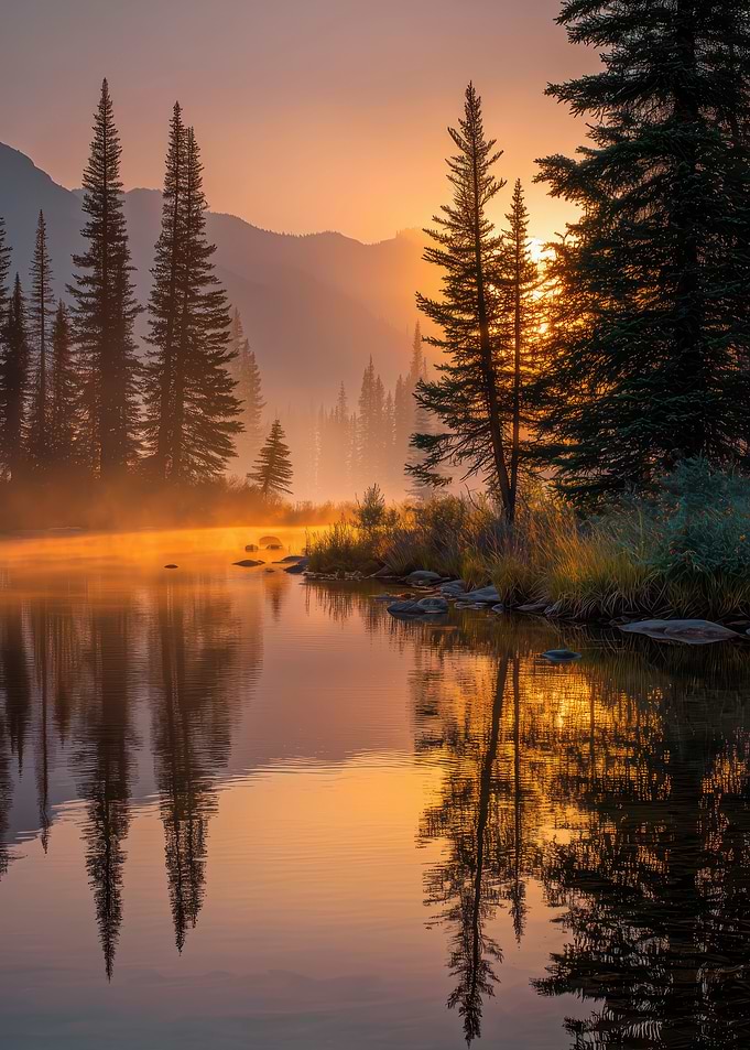 Sunrise Misty Forest Lake