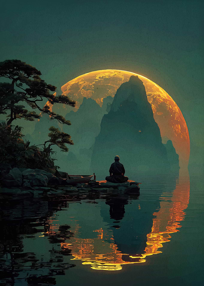 Meditating Figure by Lake with Moon