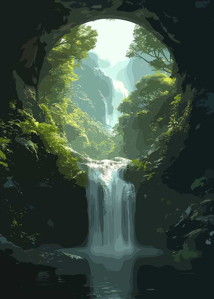 Lush Waterfall Through Cave Opening