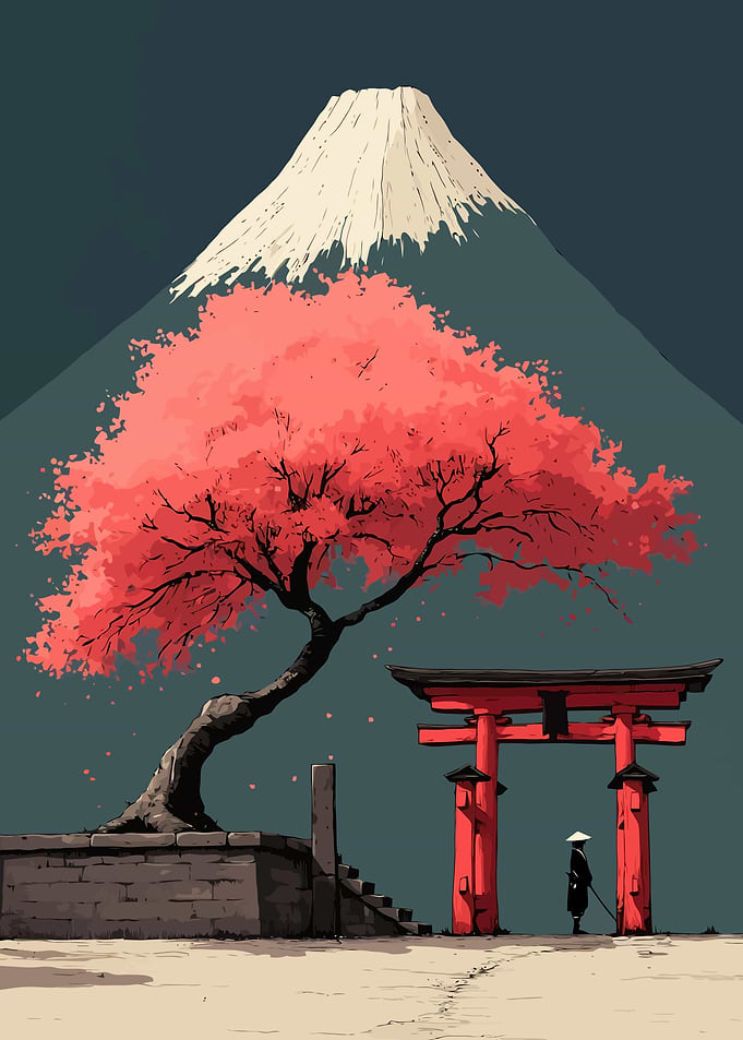 Japanese Landscape with Mount Fuji and Torii