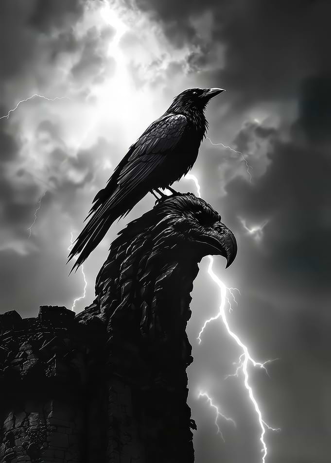 Gothic Raven Perched on Eagle Statue