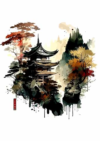Japanese Pagoda Watercolor Landscape
