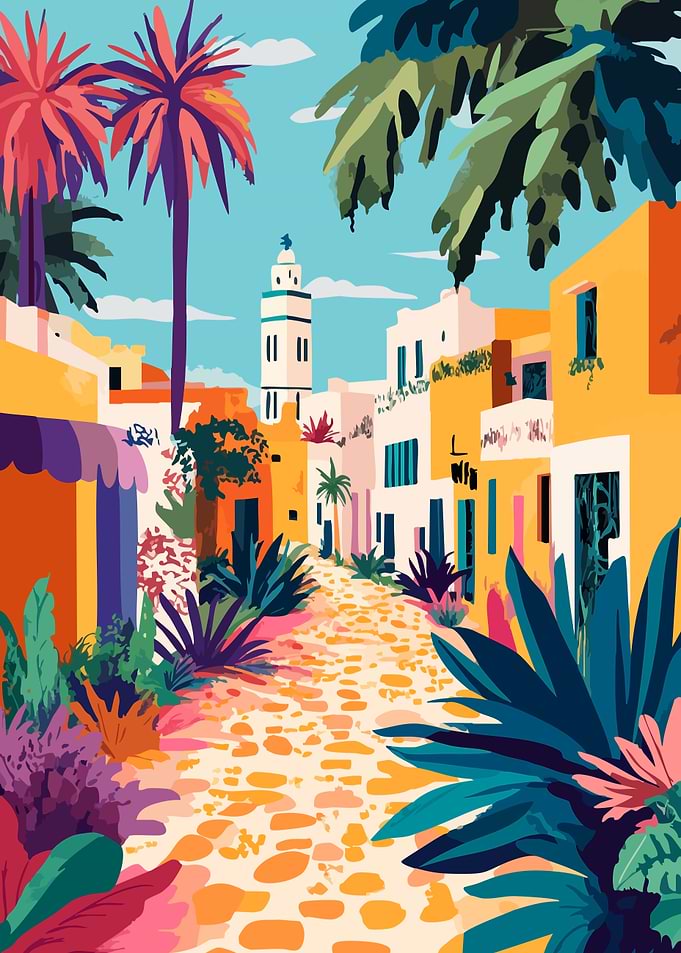 Colorful Tropical Mediterranean European Town Minimalist Art Illustration