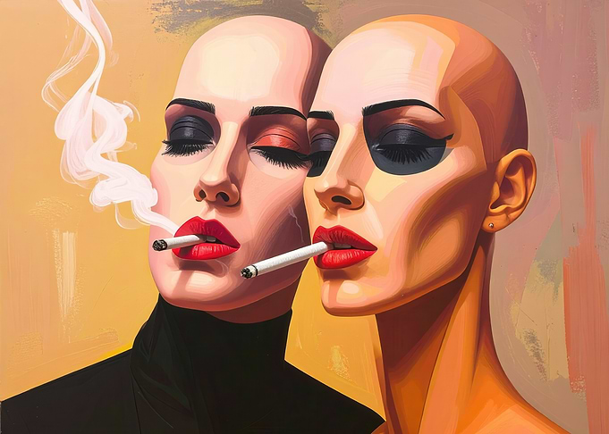 Two Bald Women Smoking Cigarettes