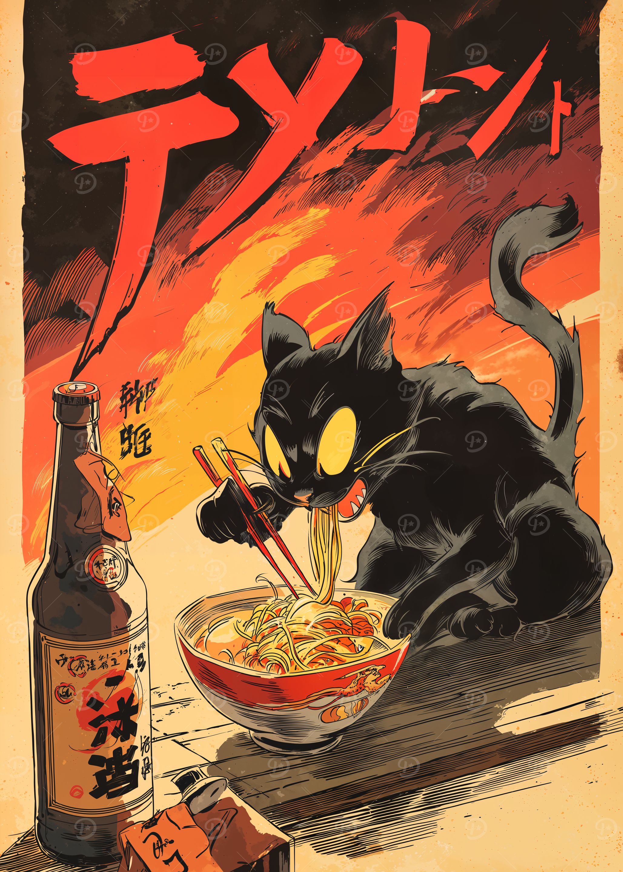 Black Cat Eating Ramen Illustration
