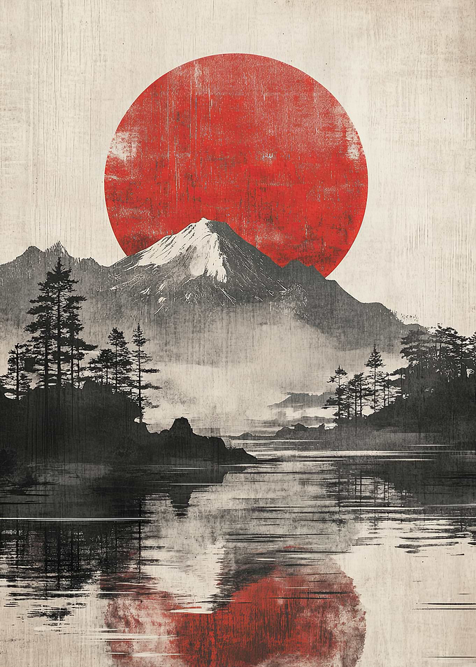 Japanese Landscape with Red Sun