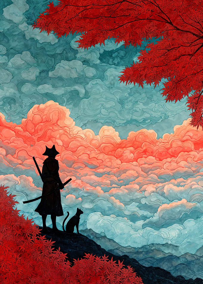 Samurai and Cat in Autumn Landscape