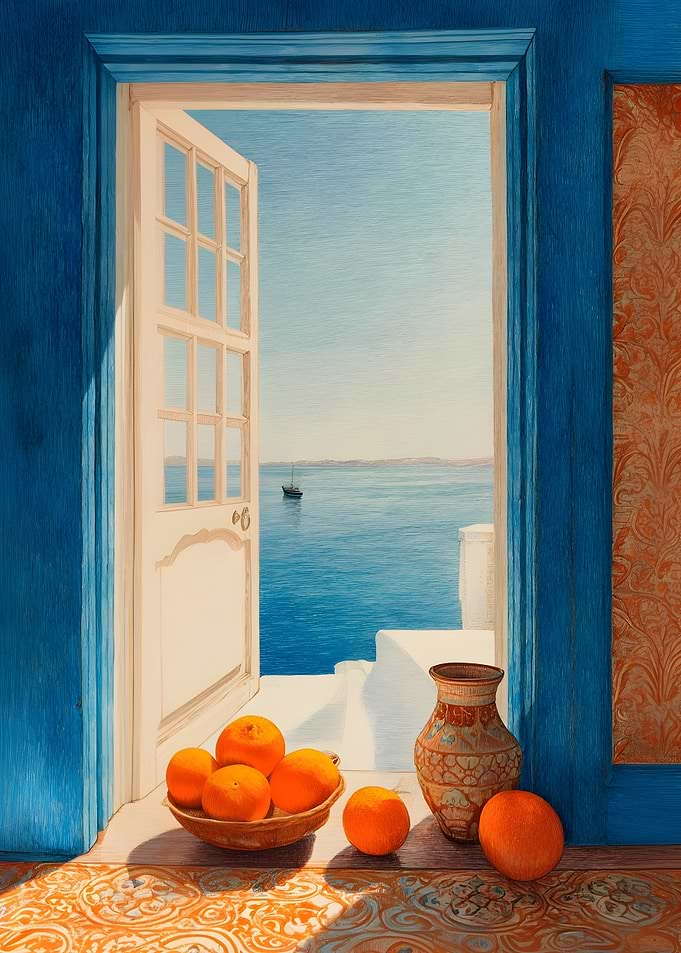 Open Door To Sea With Oranges