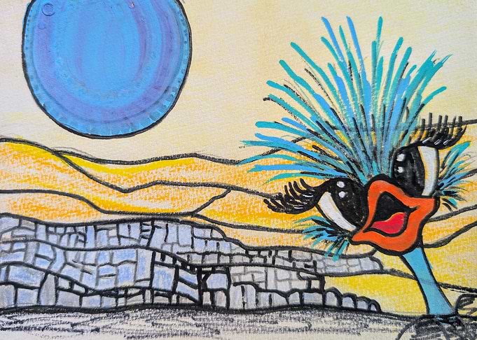 Whimsical Ostrich in Abstract Landscape
