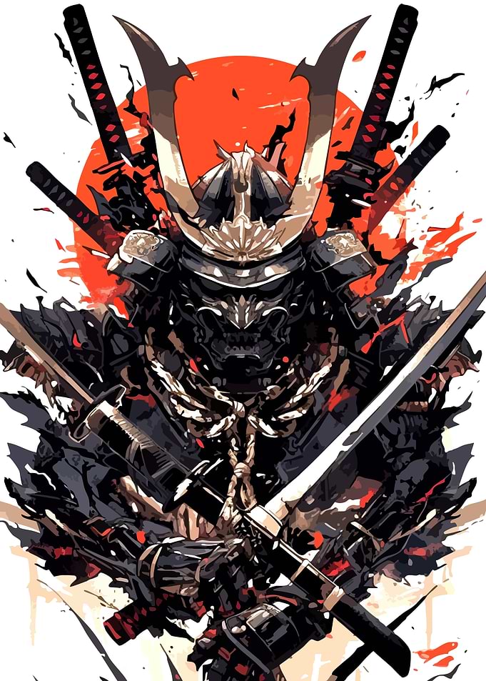 Samurai Warrior with Swords and Sun