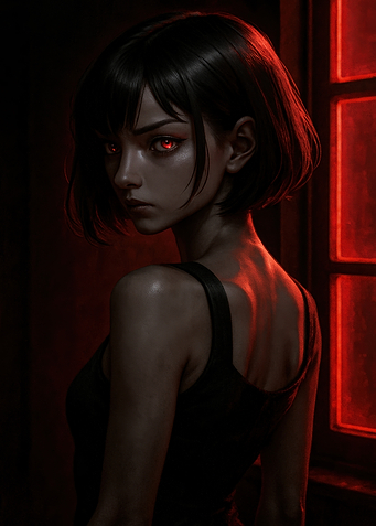 Red-Eyed Woman in Dark Setting