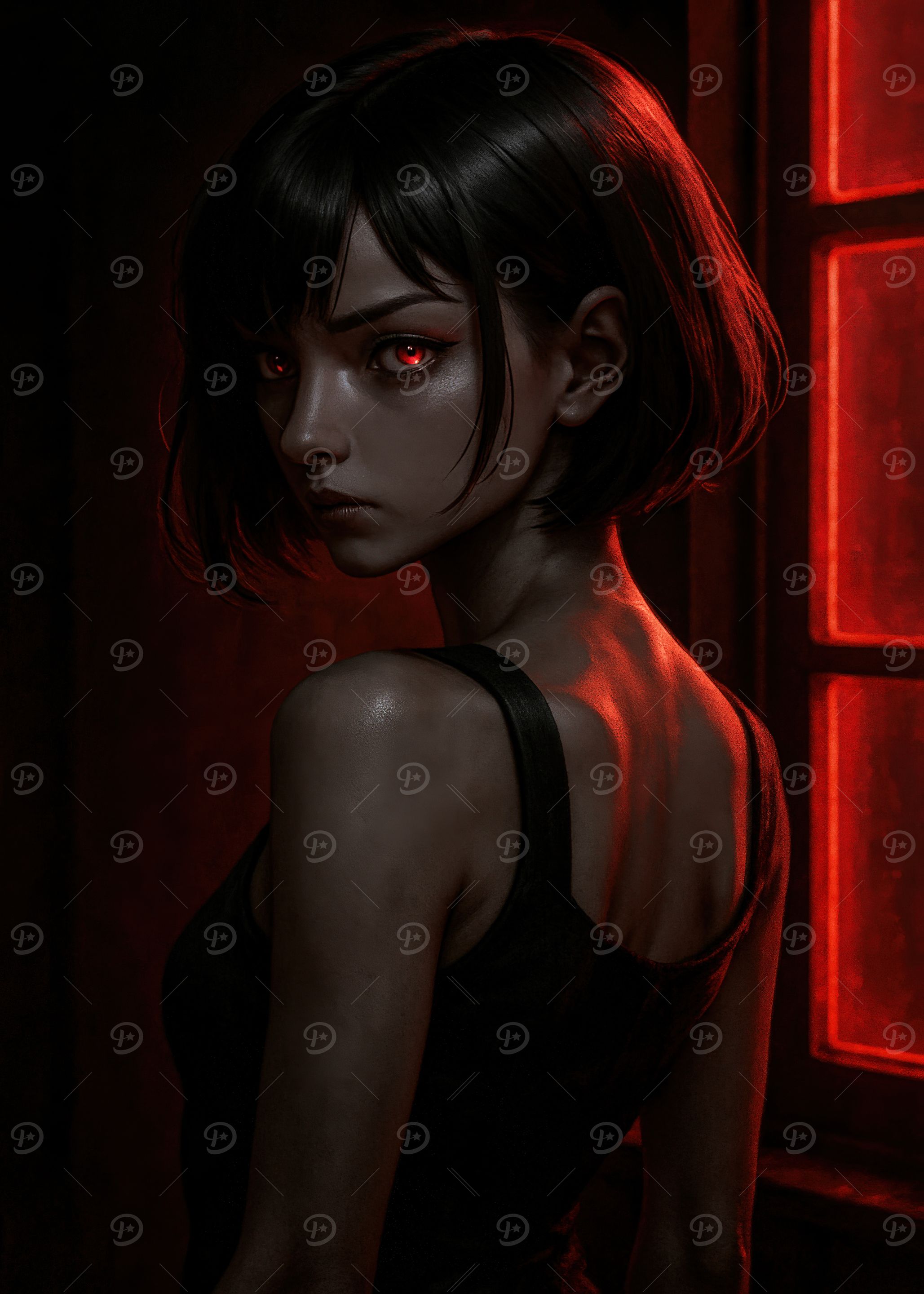 Red-Eyed Woman in Dark Setting